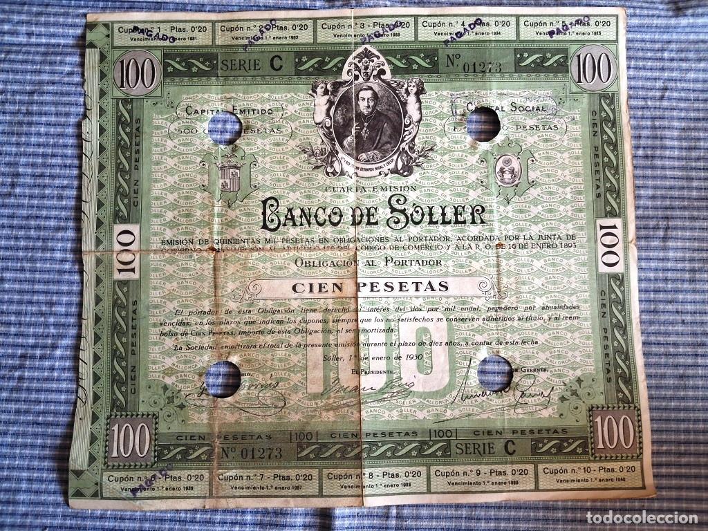 Coleccionismo Acciones Espa&ntilde;olas: Obligaci&oacute;n de 100 pesetas del Banco de S&oacute;ller. Mallorca. 1 de enero de 1930.