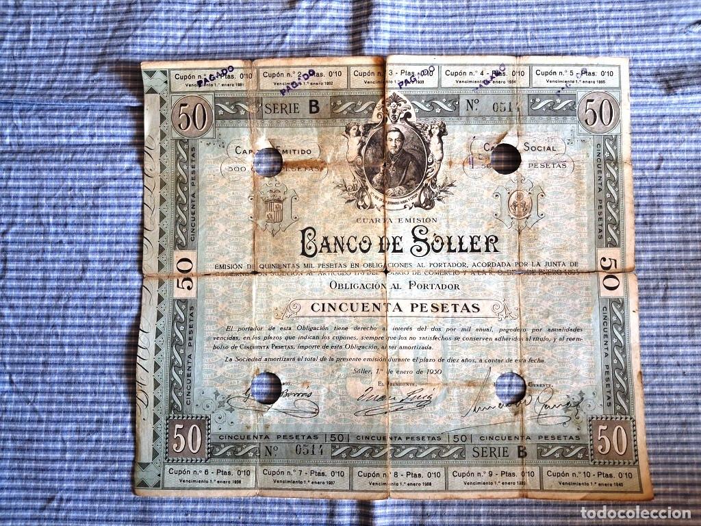 Coleccionismo Acciones Espa&ntilde;olas: Obligaci&oacute;n de 50 pesetas del Banco de S&oacute;ller. Mallorca. 1 de enero de 1930.