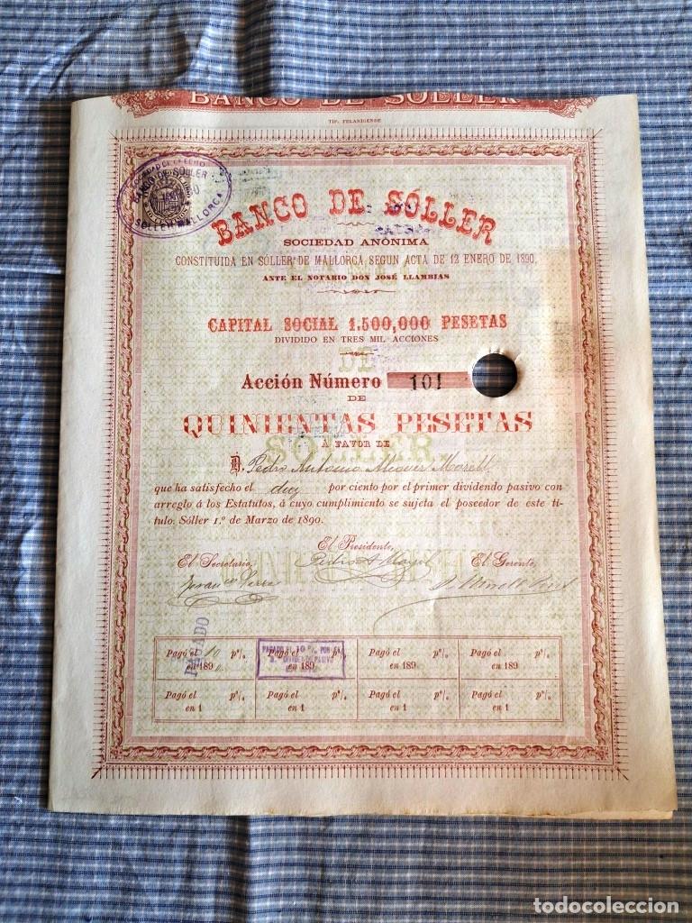 Coleccionismo Acciones Espa&ntilde;olas: Acci&oacute;n de 500 pesetas del Banco de S&oacute;ller. Mallorca. 1 de marzo de 1890 con n&uacute;mero 101.