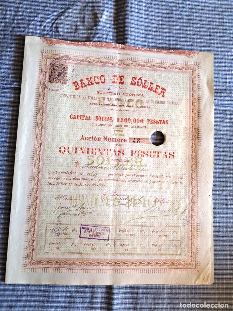Coleccionismo Acciones Espa&ntilde;olas: Acci&oacute;n de 500 pesetas del Banco de S&oacute;ller. Mallorca. 1 de marzo de 1890 con n&uacute;mero 43.