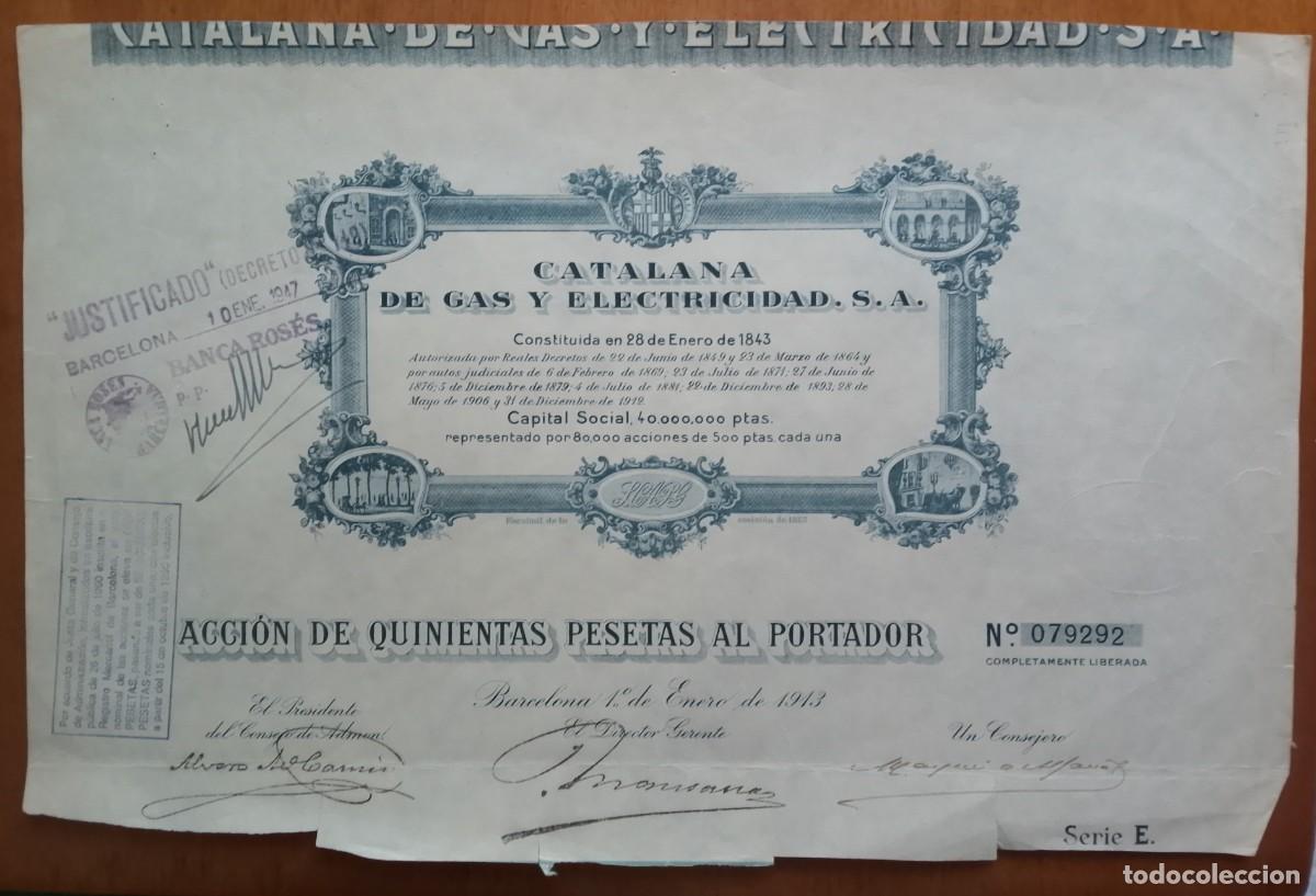 Coleccionismo Acciones Espa&ntilde;olas: Acci&oacute;n de Catalana de Gas y Electricidad. Barcelona. 1913