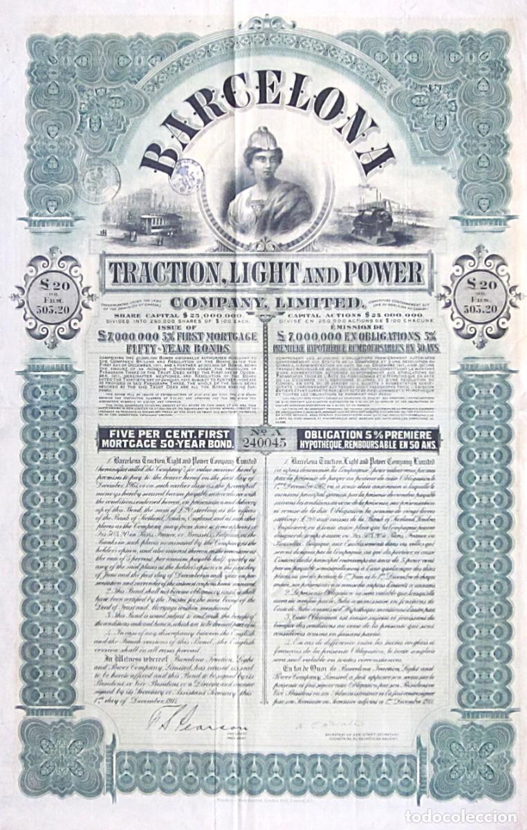 Coleccionismo Acciones Espa&ntilde;olas: 1911_BARCELONA TRACTION LIGHT & FORCE