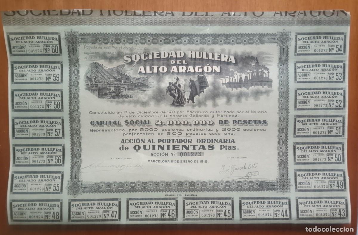 Coleccionismo Acciones Espa&ntilde;olas: Acci&oacute;n de Sociedad Hullera del Alto Arag&oacute;n. Barcelona. 1918