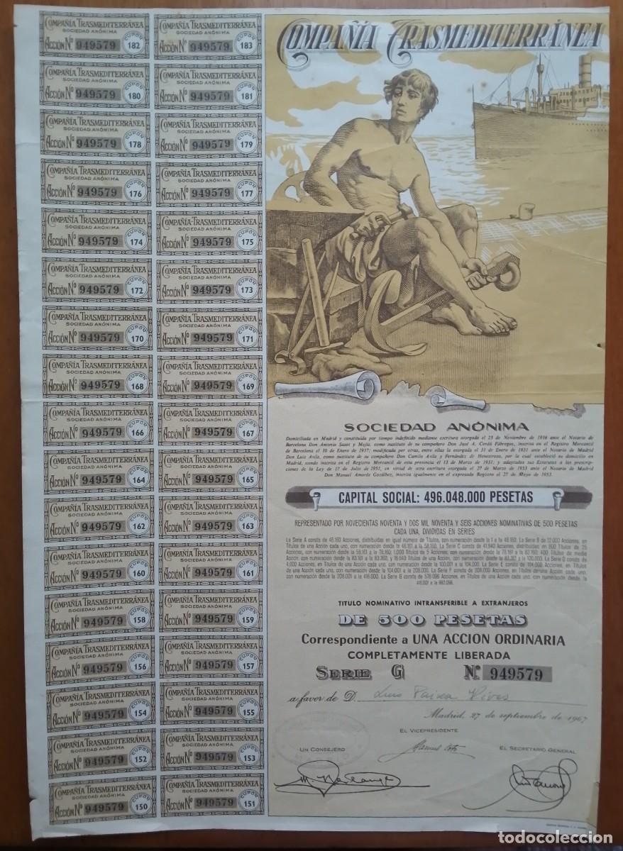 Coleccionismo acciones espa&ntilde;olas: Acci&oacute;n de Compa&ntilde;&iacute;a Trasmediterr&aacute;nea. Serie G, Madrid. 1967