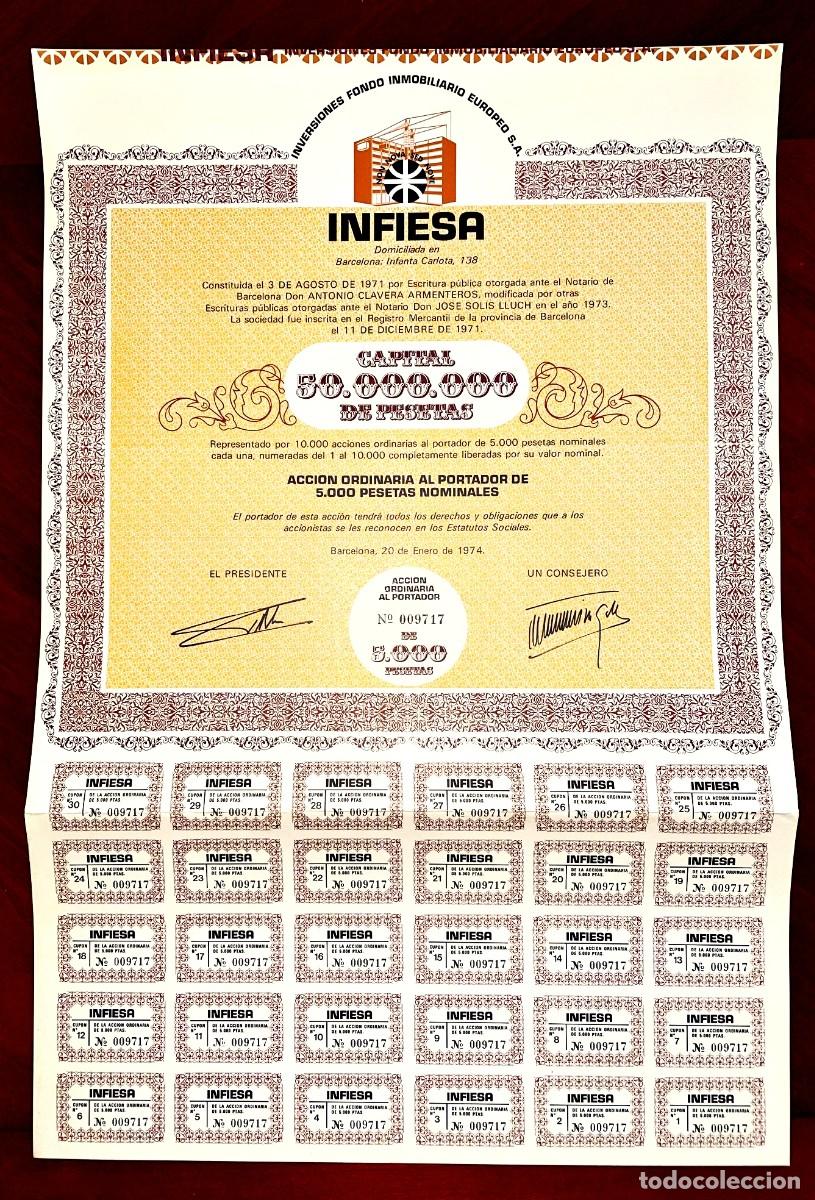 Coleccionismo acciones espa&ntilde;olas: INFIESA Inmobiliaria ,finanzas 1974 acci&oacute;n