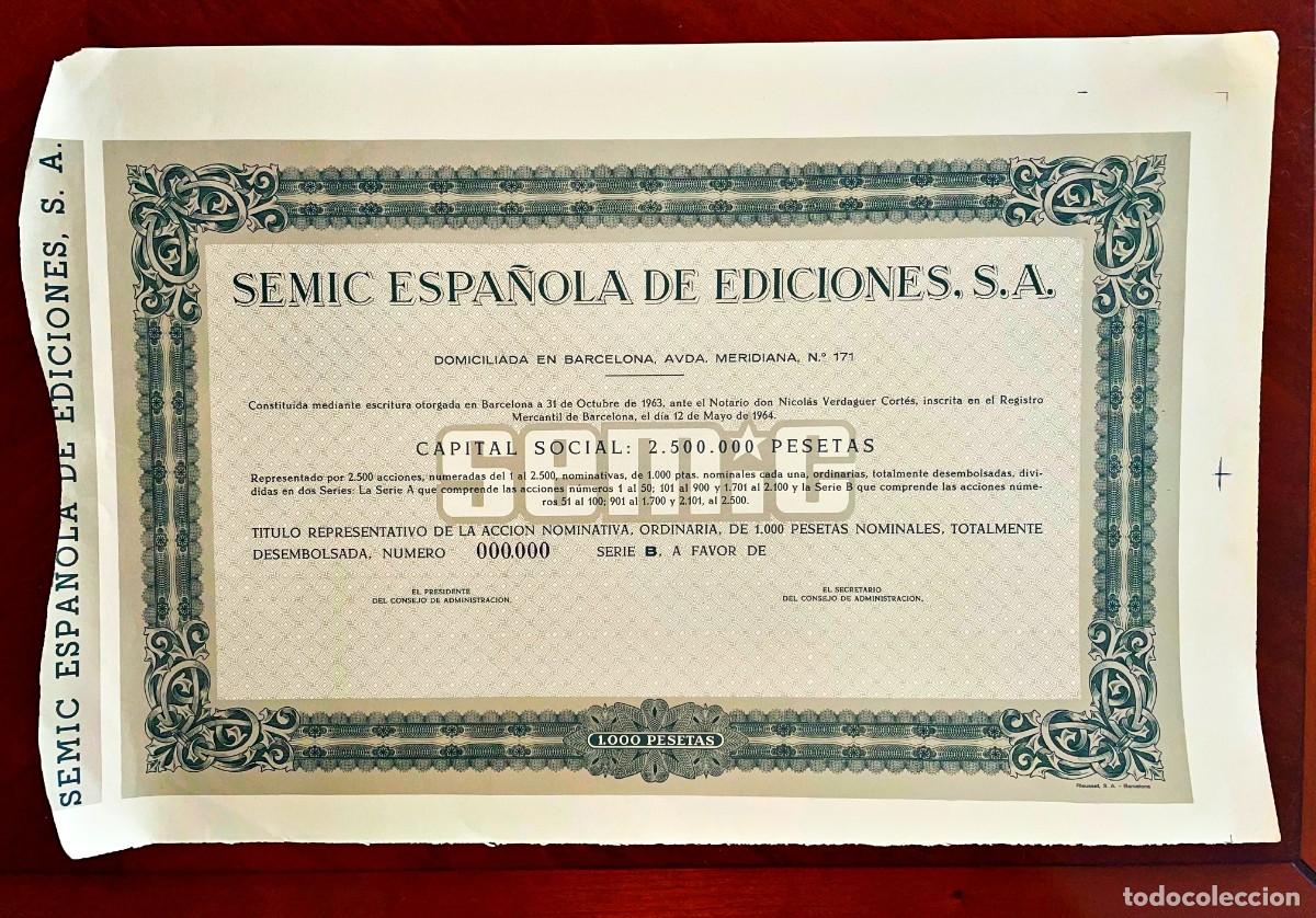 Coleccionismo acciones espa&ntilde;olas: Semic Espa&ntilde;ola de Ediciones,SA, Acci&oacute;n specimen numeraci&oacute;n 0, Barcelona 1964