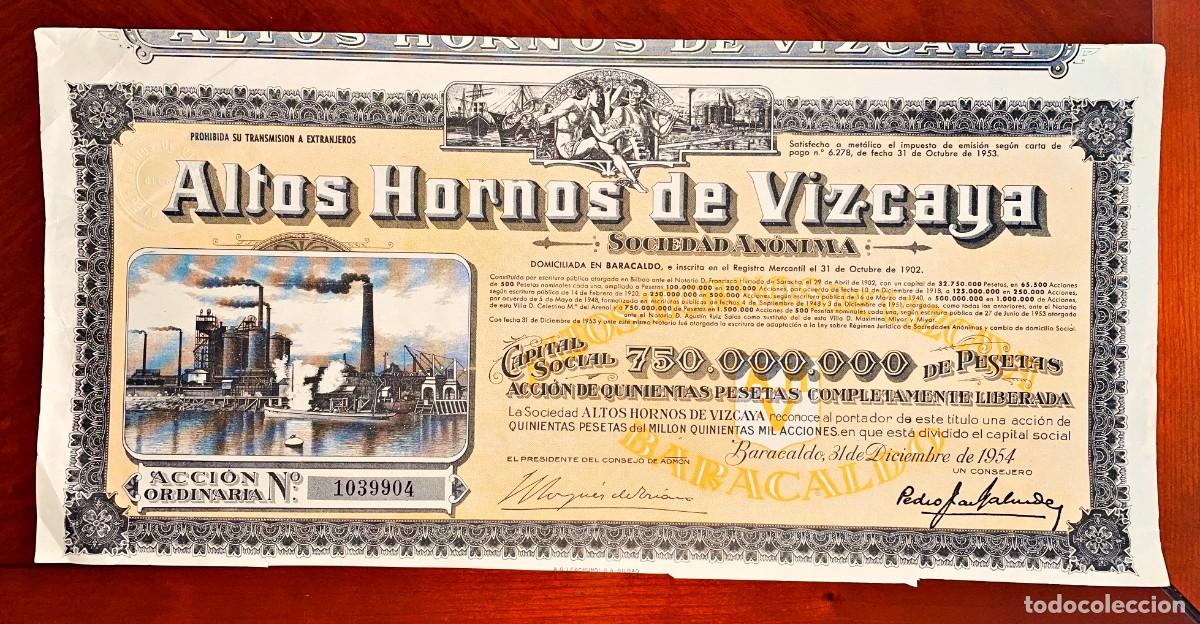 Coleccionismo acciones espa&ntilde;olas: Altos Hornos de Vizcaya , Baracaldo 1954 acci&oacute;n
