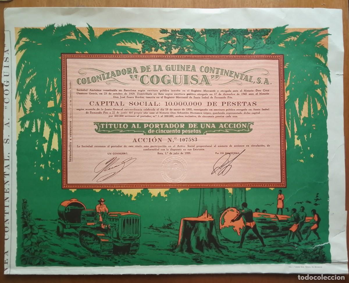 Coleccionismo acciones espa&ntilde;olas: GUINEA ESPA&Ntilde;OLA. Colonizadora de la Guinea Continental. COGUISA. Bata. 1955