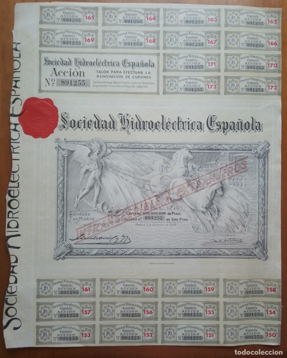 Coleccionismo acciones espa&ntilde;olas: Acci&oacute;n de Sociedad Hidroel&eacute;ctrica Espa&ntilde;ola. Madrid. 1949.