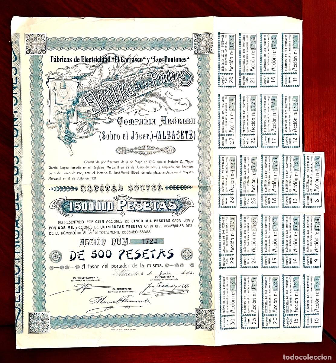 Coleccionismo acciones espa&ntilde;olas: El&eacute;ctrica de los Pontones, en el J&uacute;car Albacete 1921 acci&oacute;n con cortes en los m&aacute;rgenes