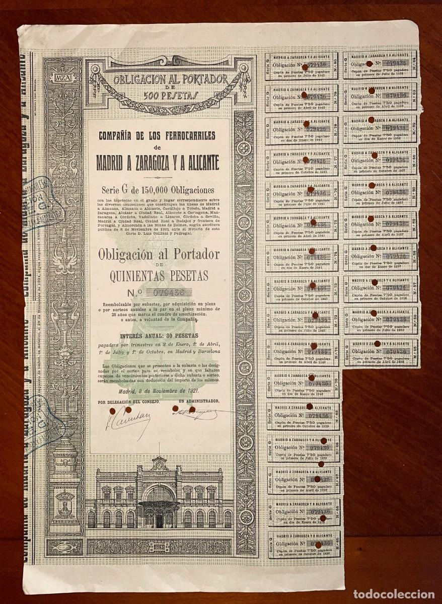 Coleccionismo acciones espa&ntilde;olas: Ferrocarriles de Madrid a Zaragoza y a Alicante ,Obligaci&oacute;n Madrid 1921
