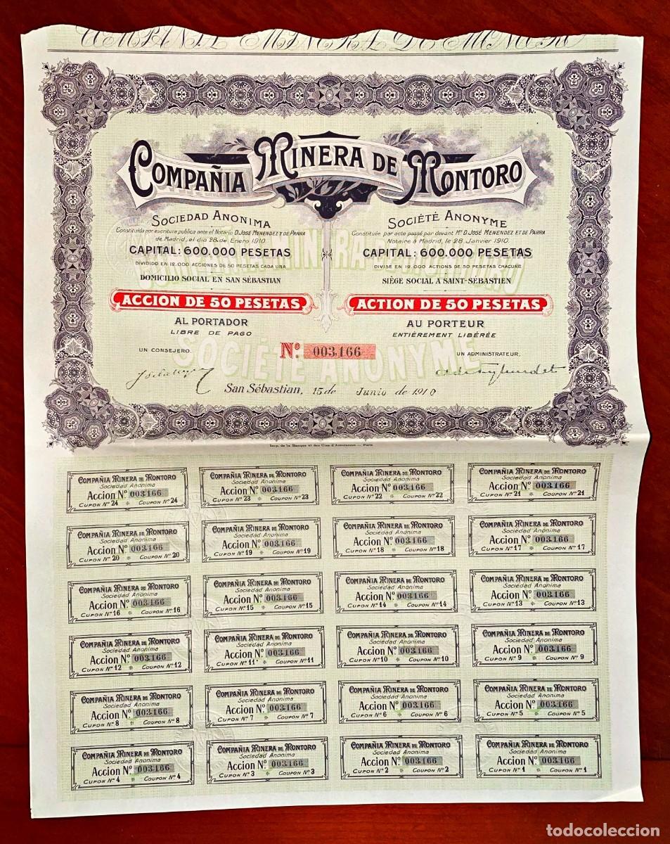 Coleccionismo acciones espa&ntilde;olas: Compa&ntilde;&iacute;a Minera de Montoro , acci&oacute;n ,C&oacute;rdoba /San Sebasti&aacute;n 1910