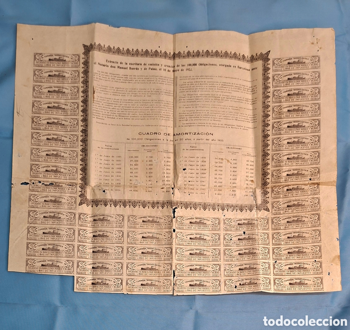 Coleccionismo acciones espa&ntilde;olas: Hoja de Obligaci&oacute;n Antigua &ndash; Compa&ntilde;&iacute;a Trasatl&aacute;ntica (1922)