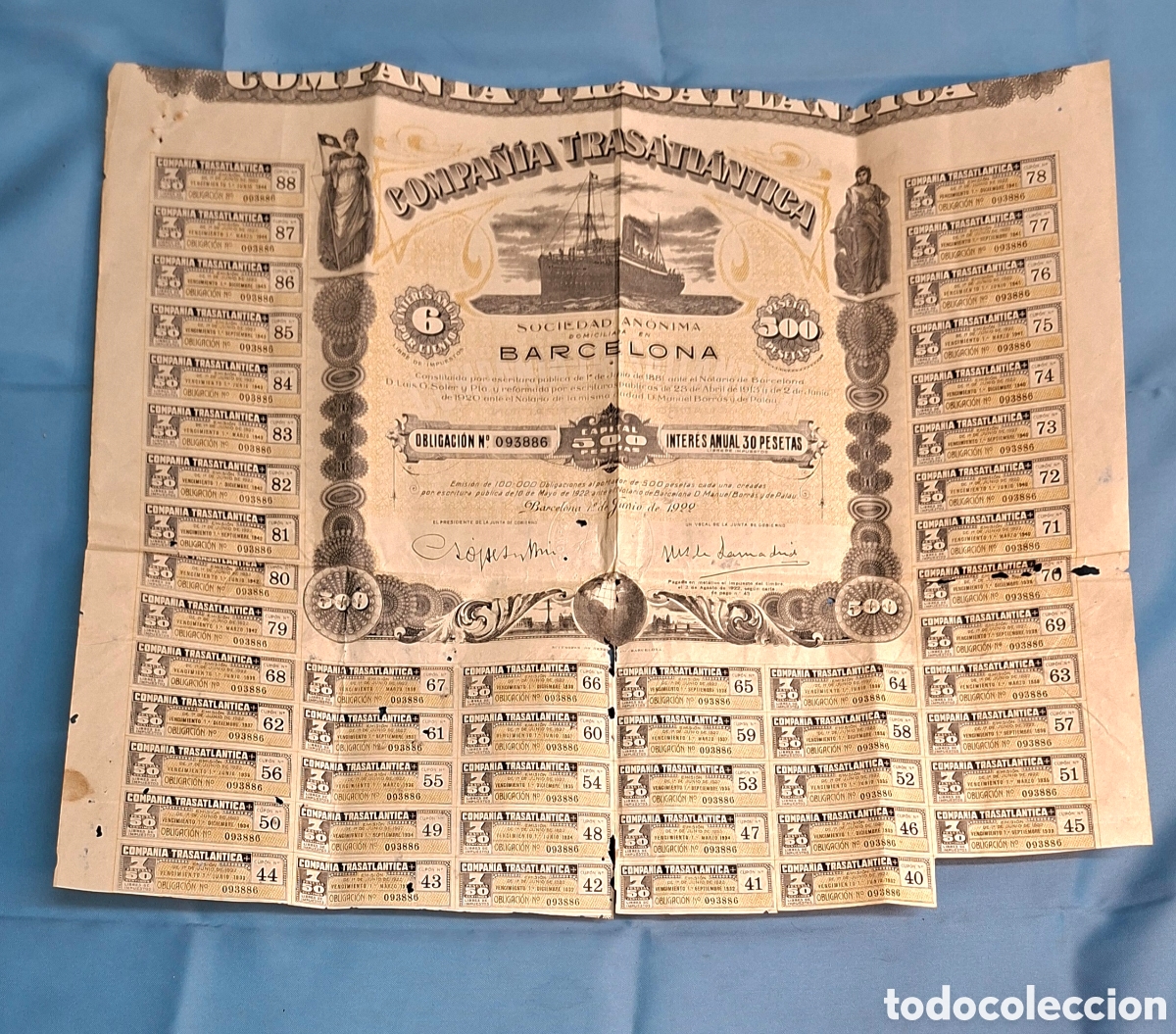 Coleccionismo acciones espa&ntilde;olas: Hoja de Obligaci&oacute;n Antigua &ndash; Compa&ntilde;&iacute;a Trasatl&aacute;ntica (1922)