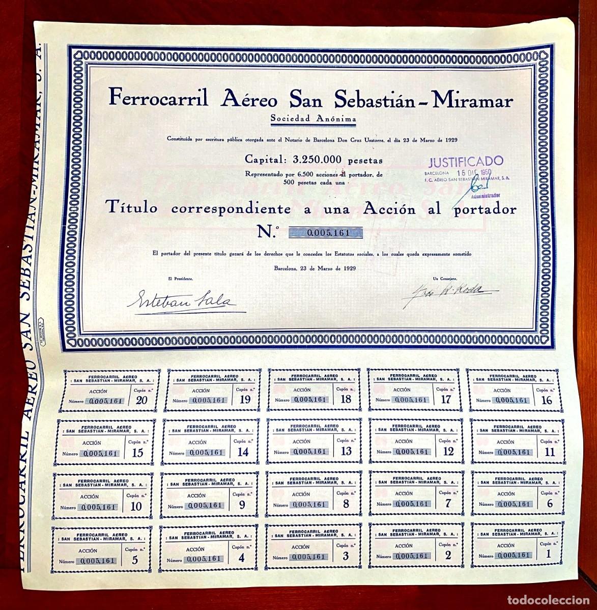 Coleccionismo acciones espa&ntilde;olas: Ferrocarril A&eacute;reo San Sebasti&aacute;n- Miramar, Barcelona 1929 acci&oacute;n