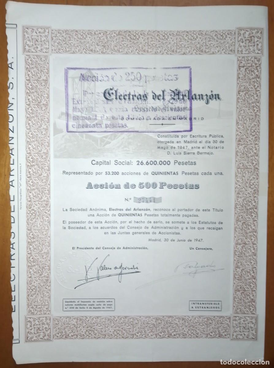 Coleccionismo acciones espa&ntilde;olas: Acci&oacute;n de Electras del Arlanz&oacute;n. Burgos. Domiciliada en Madrid. 1947