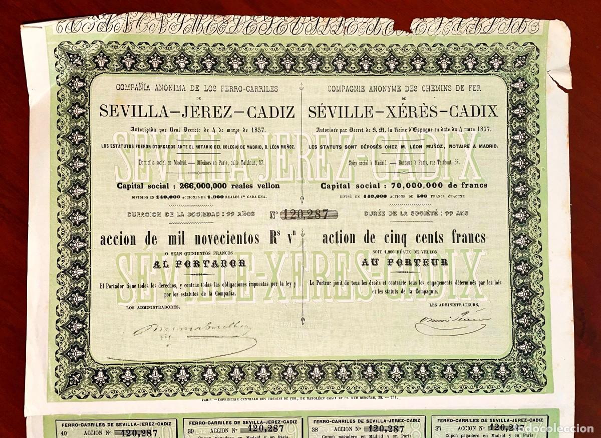 Coleccionismo acciones espa&ntilde;olas: Ferrocarriles de Sevilla Jerez C&aacute;diz, acci&oacute;n al portador 1900 RsVn Madrid Paris 1857 roturas