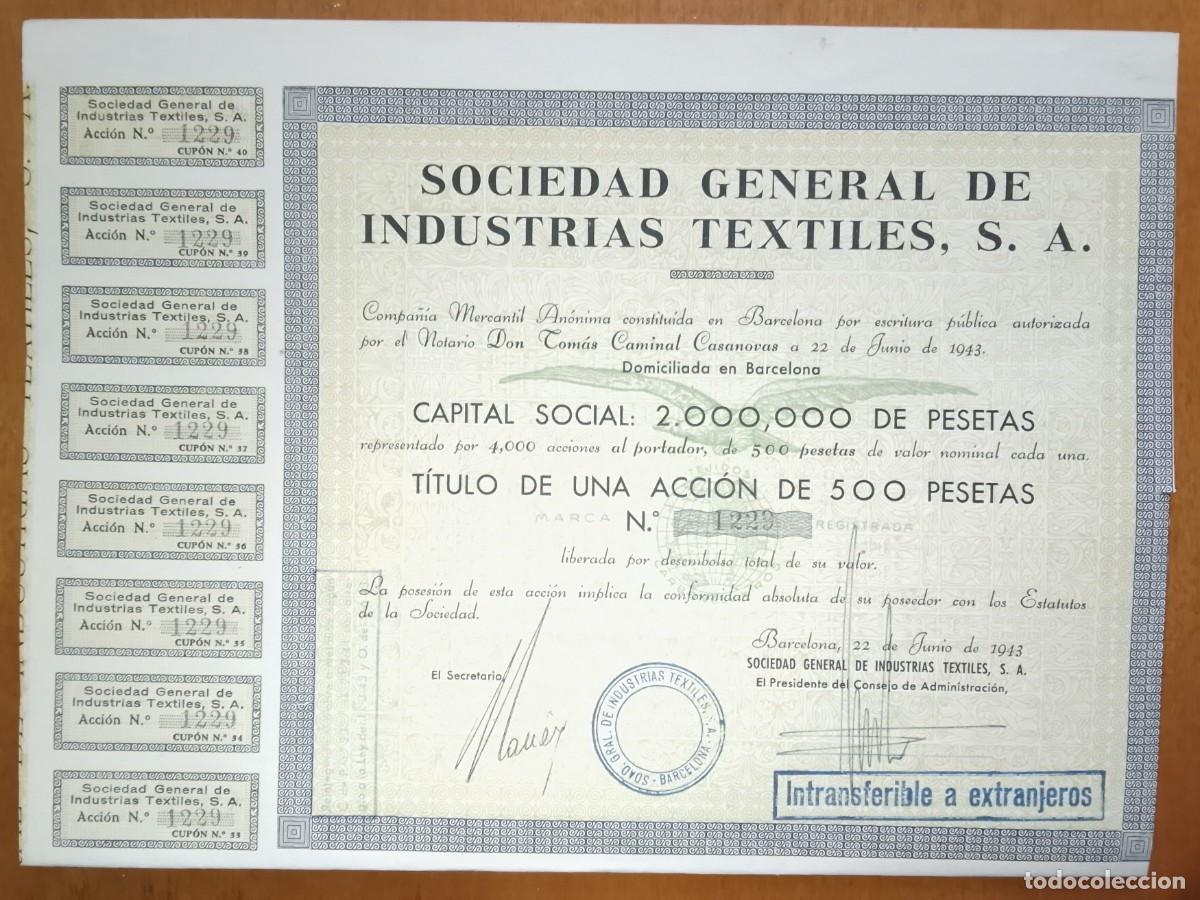Coleccionismo acciones espa&ntilde;olas: Acci&oacute;n Sociedad General de Industrias Textiles. Barcelona. 1943
