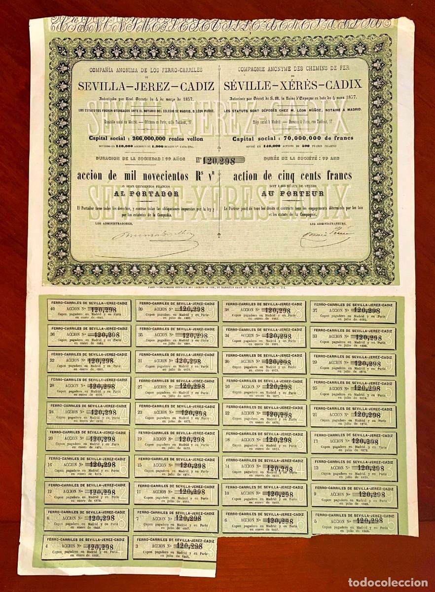 Coleccionismo acciones espa&ntilde;olas: Ferrocarriles de Sevilla Jerez C&aacute;diz, acci&oacute;n al portador 1900 RsVn Madrid Paris 1857 buen estado
