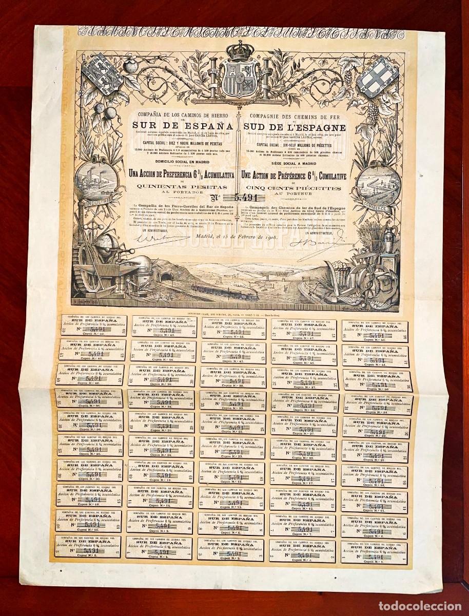 Coleccionismo acciones espa&ntilde;olas: Caminos de Hiero del Sur de Espa&ntilde;a, acci&oacute;n preferente 1908 Madrid