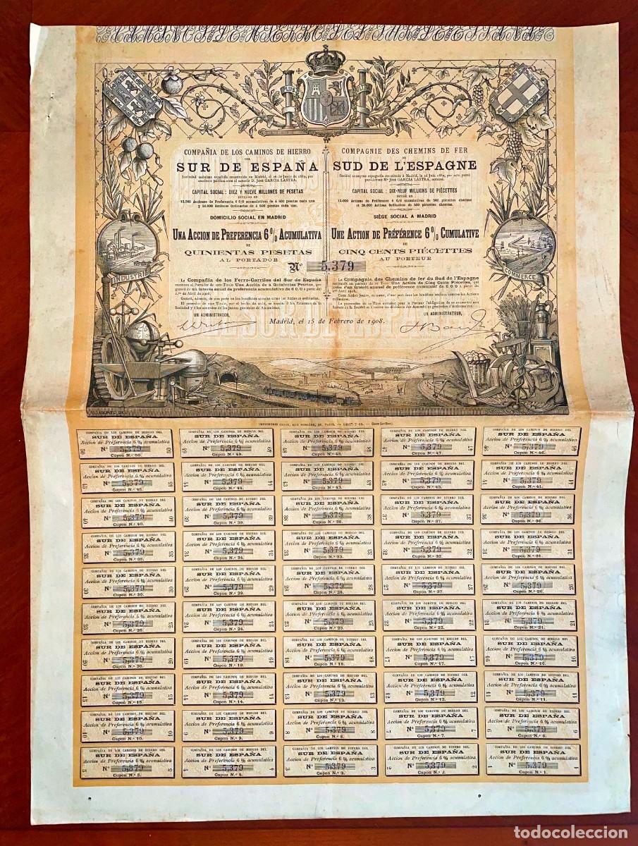 Coleccionismo acciones espa&ntilde;olas: Caminos de Hiero del Sur de Espa&ntilde;a, acci&oacute;n preferente 1908 Madrid, manchas