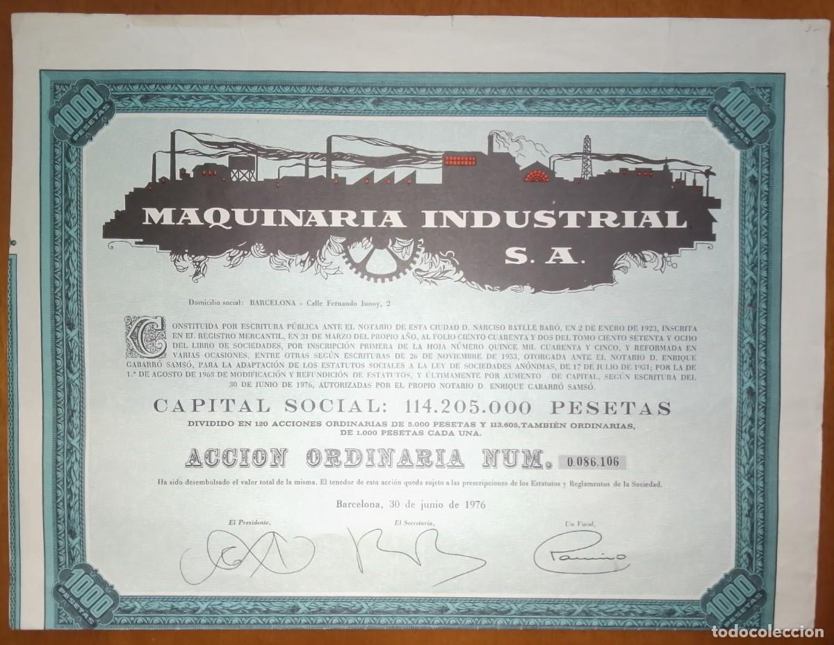 Coleccionismo acciones espa&ntilde;olas: Acci&oacute;n de maquinaria industrial. Barcelona. 1976