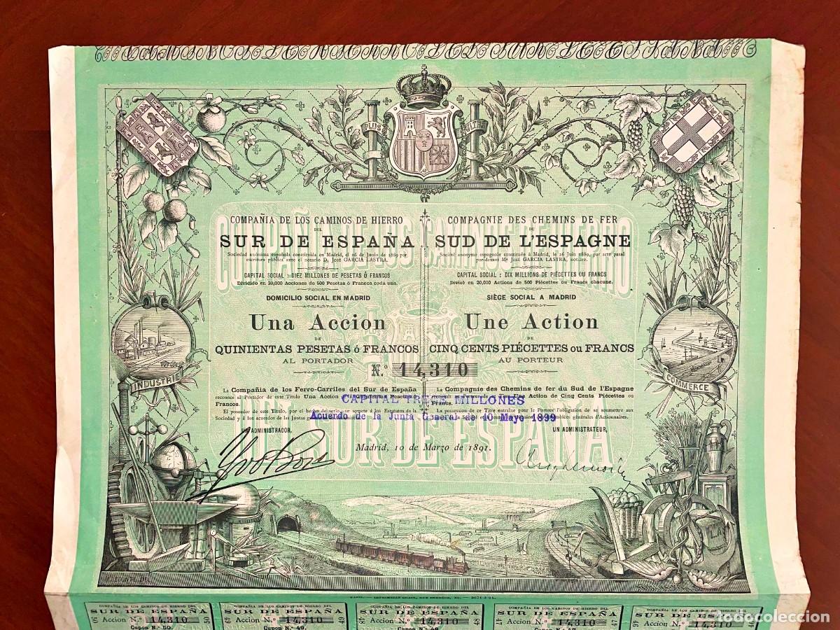 Coleccionismo acciones espa&ntilde;olas: Caminos de Hiero del Sur de Espa&ntilde;a, acci&oacute;n 1891 Madrid,