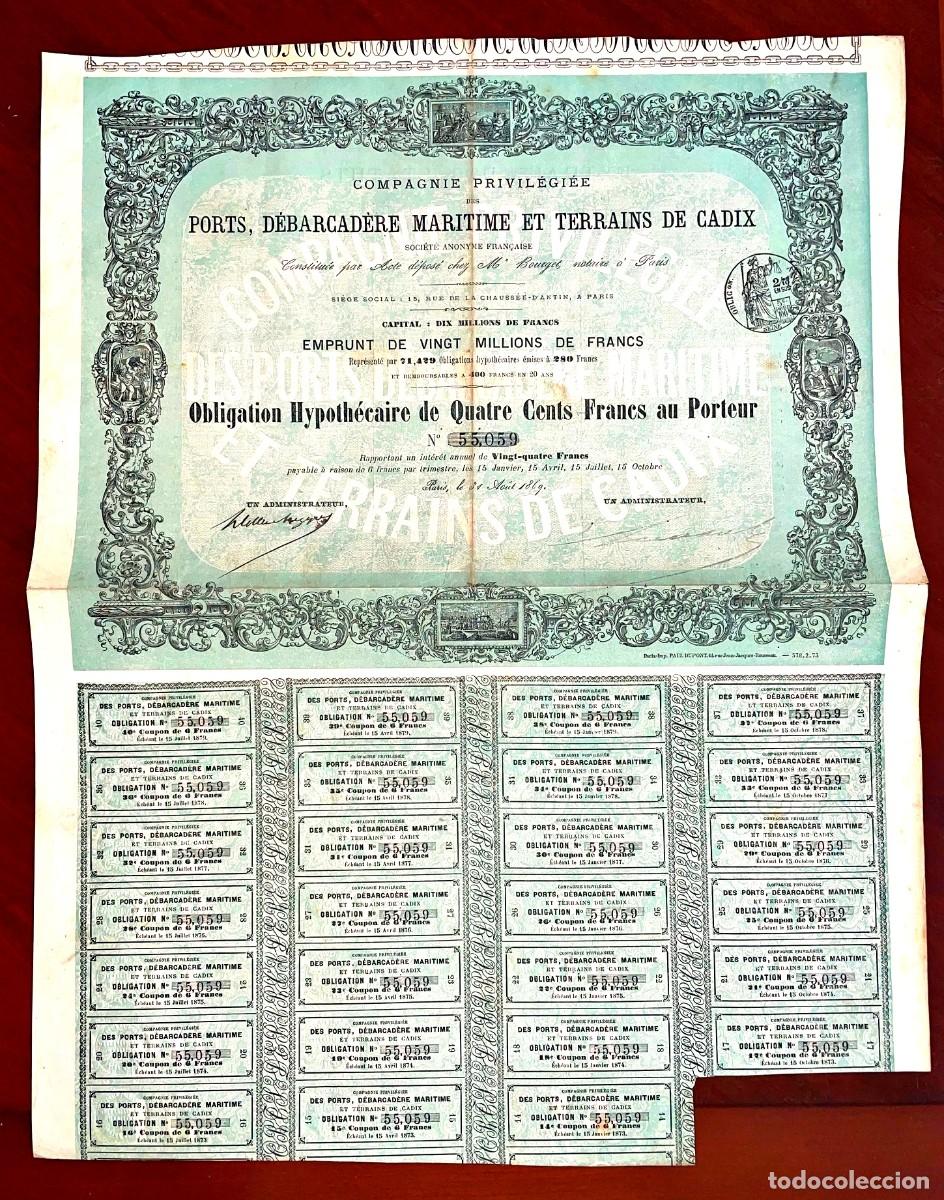 Coleccionismo acciones espa&ntilde;olas: Ports ,D&eacute;barcad&egrave;re Maritime et Terrais de Cadix, obligaci&oacute;n al portador C&aacute;diz 1869