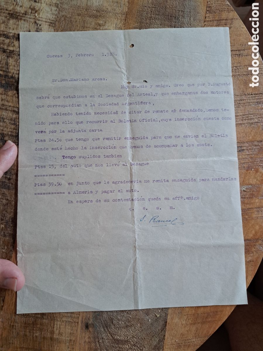 Collezionismo Azioni Spagnole: Jml Carta a Mariano Arcas, Cuevas Almeria. Embargo motores Sociedad Argentifera Almagrera 1928. Raro