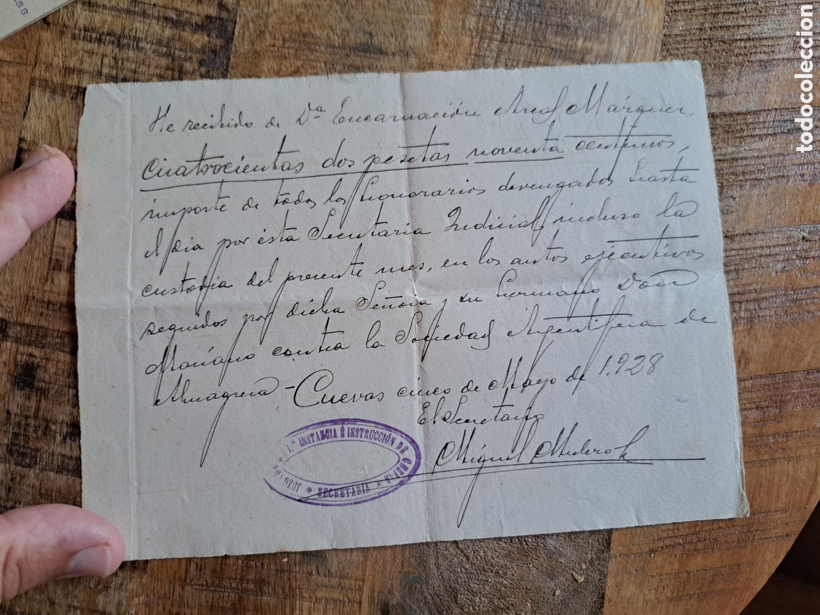 Collezionismo Azioni Spagnole: Jml Recibi Pago honorarios por Encarnaci&oacute;n Arcas de Argentifera Almagrera, Cuevas Almeria, 1928.