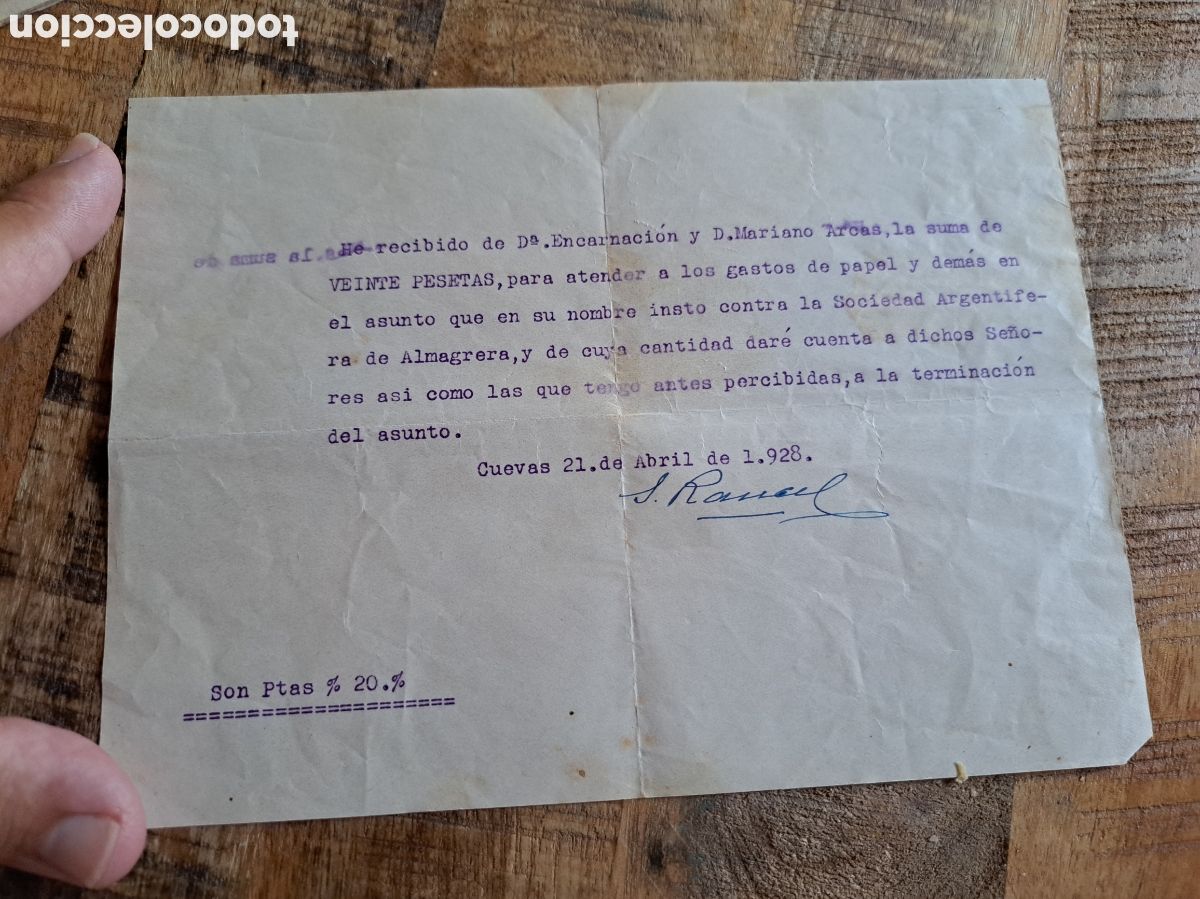 Collezionismo Azioni Spagnole: Jml Recibo gastos Sociedad Minera Argentifera Almagrera, Cuevas, Almeria. Mariano Arcas, 1928.