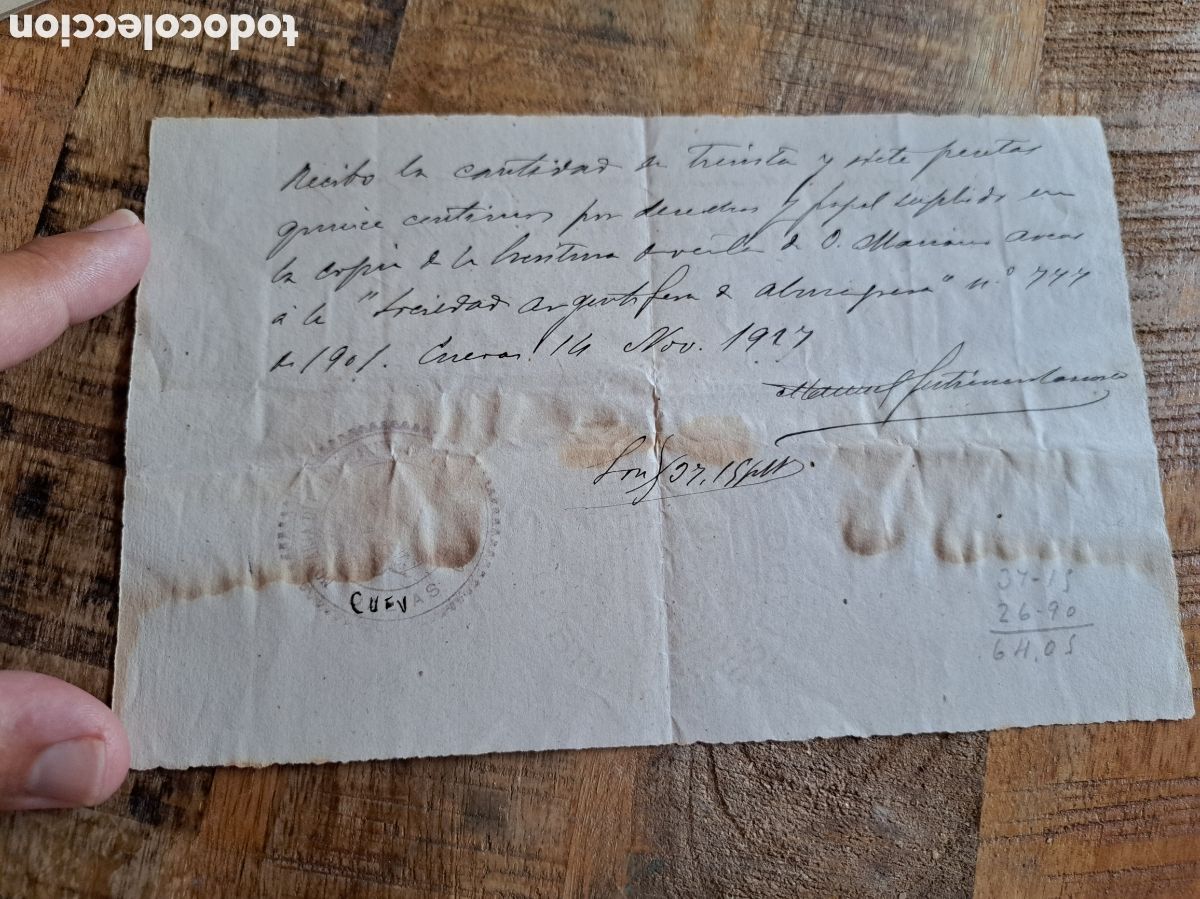 Collezionismo Azioni Spagnole: Jml Recibo pago Sociedad minera Argentifera de Almagrera, Cuevas del Almanzora, Almeria, 1927.