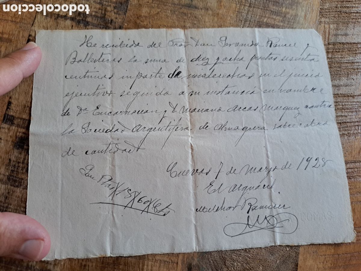 Coleccionismo acciones espa&ntilde;olas: Jml manuscrito Recibo Sociedad minera Argentifera Almagrera, Cuevas Almanzora, Almeria, 1928.
