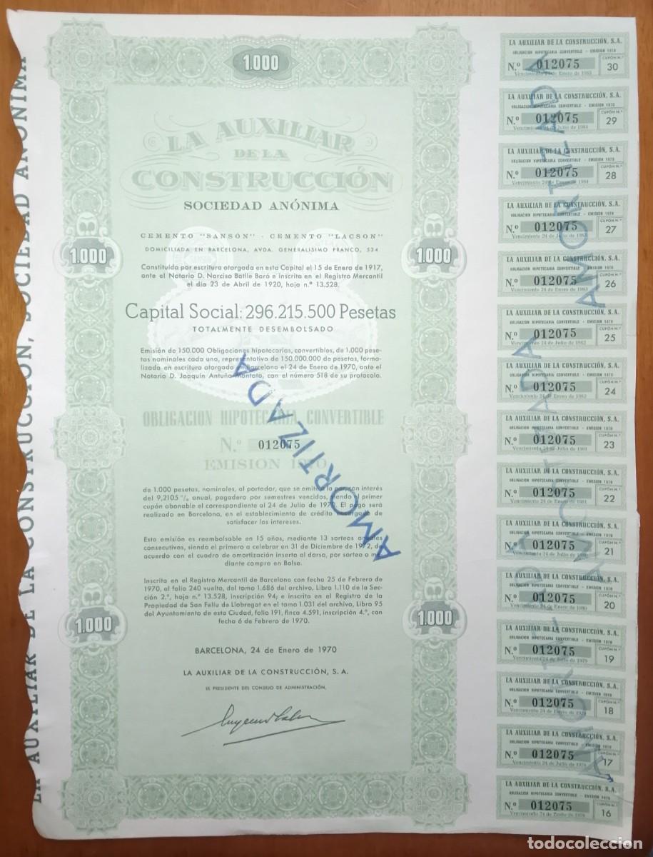 Collectables Spanish Shares: Acci&oacute;n/Obligaci&oacute;n de la Auxiliar de la construcci&oacute;n. Barcelona. 1970