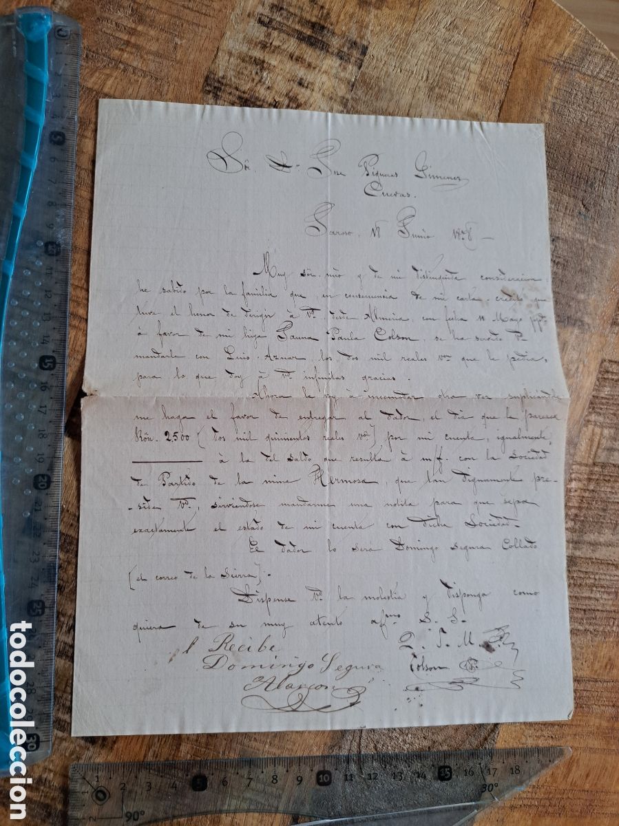 Collezionismo Azioni Spagnole: Jml Carta manuscrita de Paula Colson, Almeria, a Jos&eacute; Piqueras, Jaroso, Almagrera. Tema mina Hermosa