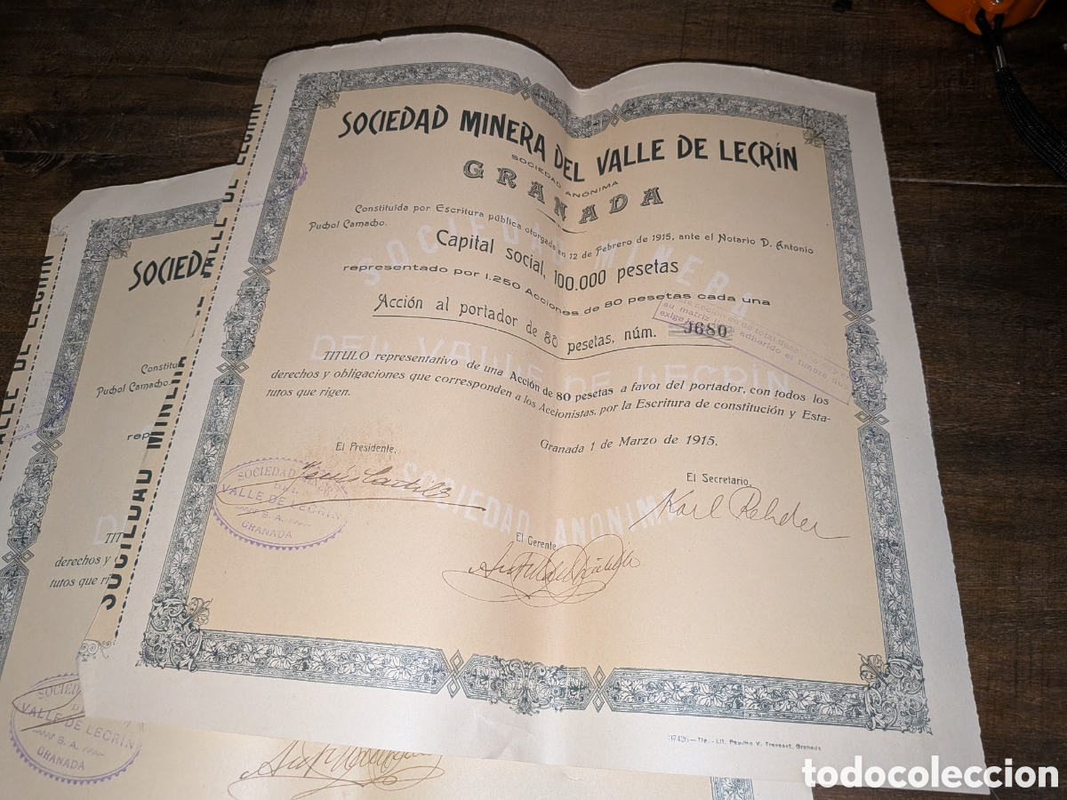Coleccionismo acciones espa&ntilde;olas: 2 Aciones sociedad minera valle de Lecrin Granada 1915