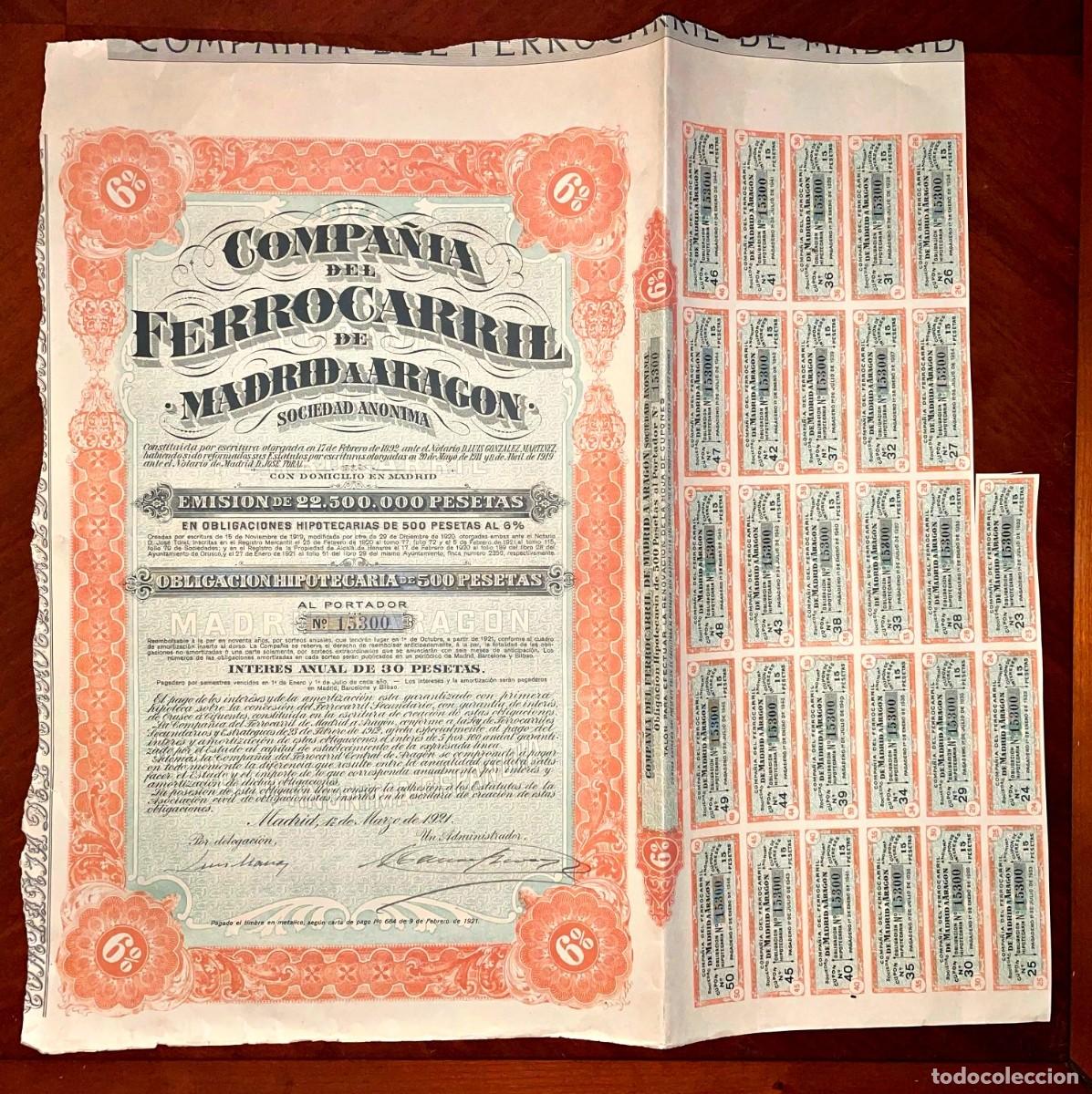 Coleccionismo acciones espa&ntilde;olas: Ferrocarril de Madrid a Aragon, SA Obligaci&oacute;n hipotecaria Madrid 1921 con cupones