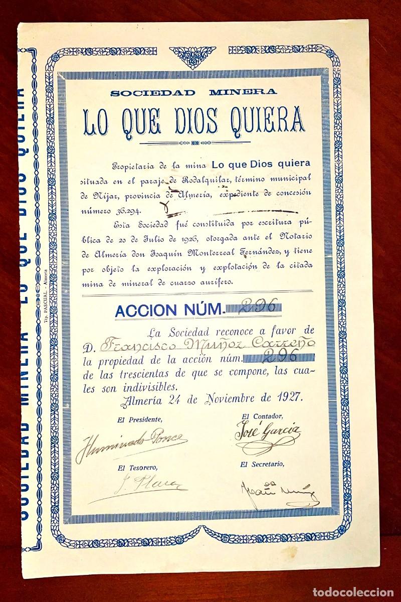 Collectionnisme Actions Espagne: Sociedad Minera &rdquo;Lo que Dios quiera &rdquo;, acci&oacute;n Almeria 1927