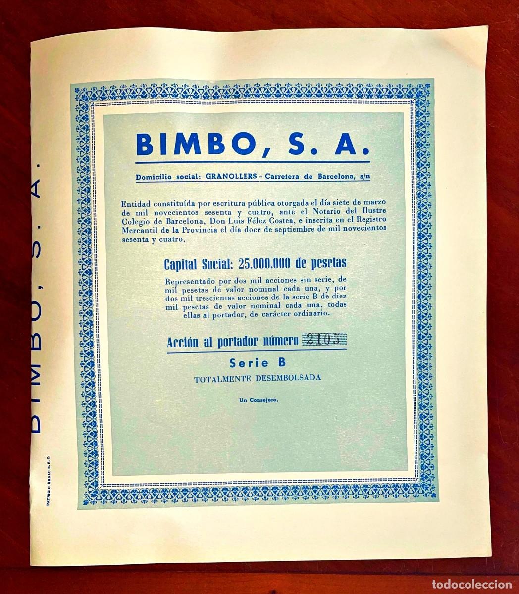 Coleccionismo acciones espa&ntilde;olas: Bimbo,SA Granollers, Barcelona 1964 acci&oacute;n numerada pero sin firmar