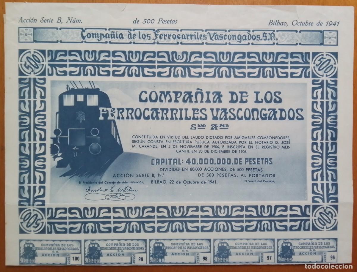 Coleccionismo acciones espa&ntilde;olas: PA&Iacute;S VACO/EUSKADI. Acci&oacute;n de la Compa&ntilde;&iacute;a de los Ferrocarriles Vascongados. Bilbao. 1941