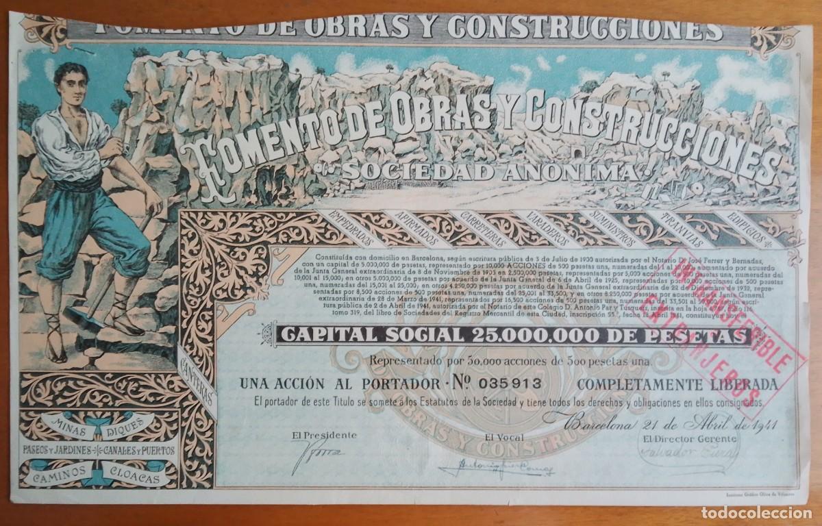 Coleccionismo acciones espa&ntilde;olas: Acci&oacute;n de Fomento de Obras y Construcciones. Barcelona. 1941