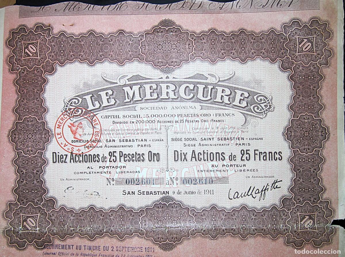 Coleccionismo acciones espa&ntilde;olas: 1911.- LE MERCURE S.A. San Sebasti&aacute;n