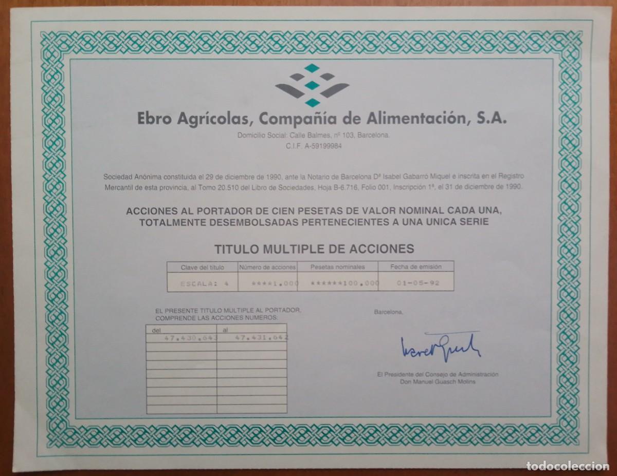 Coleccionismo acciones espa&ntilde;olas: Titulo de mil acciones de Ebro Agr&iacute;colas, compa&ntilde;&iacute;a de alimentaci&oacute;n. Barcelona. 1992