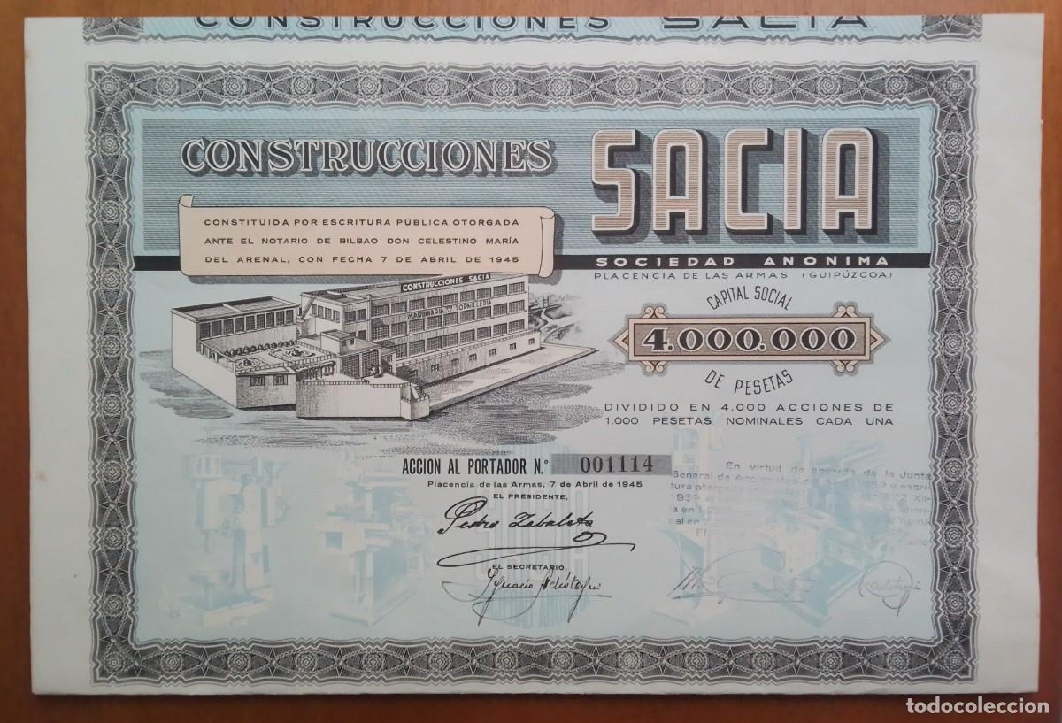 Coleccionismo acciones espa&ntilde;olas: PA&Iacute;S VASCO/EUSKADI. Acci&oacute;n de Construcciones Sacia. Placencia de las Armas/Soraluze. Guip&uacute;zcoa. 1945