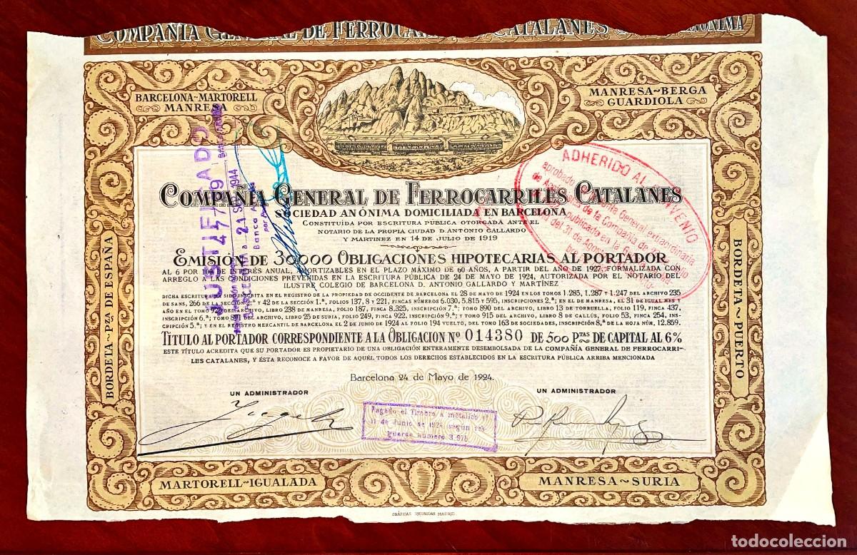 Coleccionismo acciones espa&ntilde;olas: Compa&ntilde;&iacute;a General de Ferrocarriles Catalanes, Barcelona, 1924. Obligaci&oacute;n