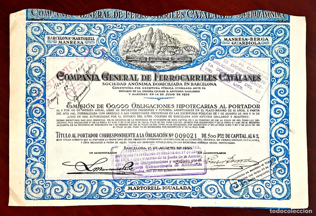 Coleccionismo acciones espa&ntilde;olas: Compa&ntilde;&iacute;a General de Ferrocarriles Catalanes, Barcelona, 1920. Obligaci&oacute;n