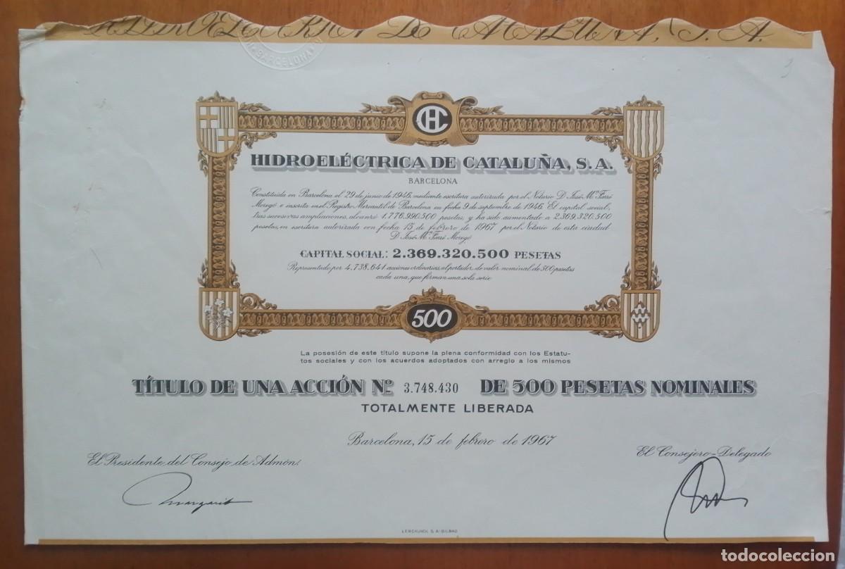 Coleccionismo acciones espa&ntilde;olas: Acci&oacute;n de Hidroel&eacute;ctrica de Catalu&ntilde;a. Barcelona. 1967