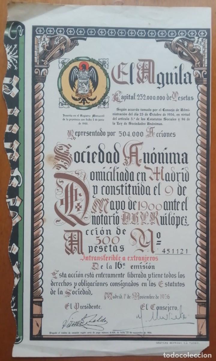 Coleccionismo acciones espa&ntilde;olas: Acci&oacute;n de f&aacute;brica de cervezas El &Aacute;guila. Madrid. 1956
