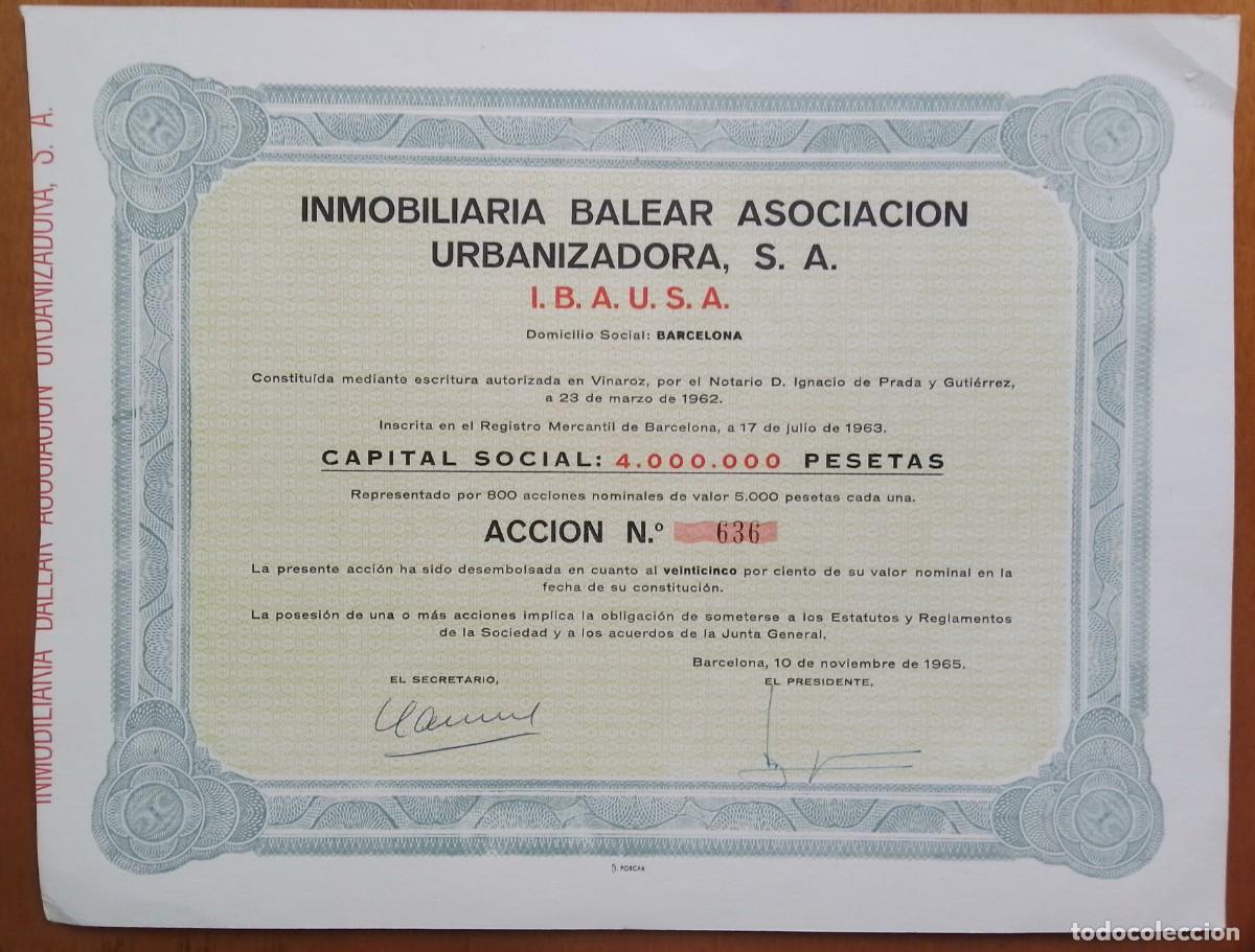 Coleccionismo acciones espa&ntilde;olas: Acci&oacute;n de Inmobiliaria Balear Asociaci&oacute;n Urbanizadora. IBAUSA. Barcelona. 1965