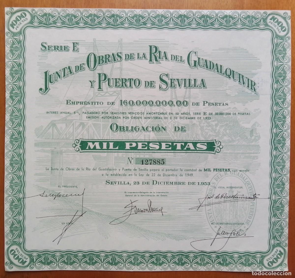Coleccionismo acciones espa&ntilde;olas: ANDALUC&Iacute;A. Junta de Obras de la R&iacute;a del Guadalquivir y Puerto de Sevilla. 1953